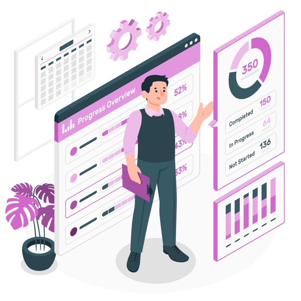 Businessman analyzing project dashboard showing task progress, pie chart, and bar graphs in a purple-themed interface.